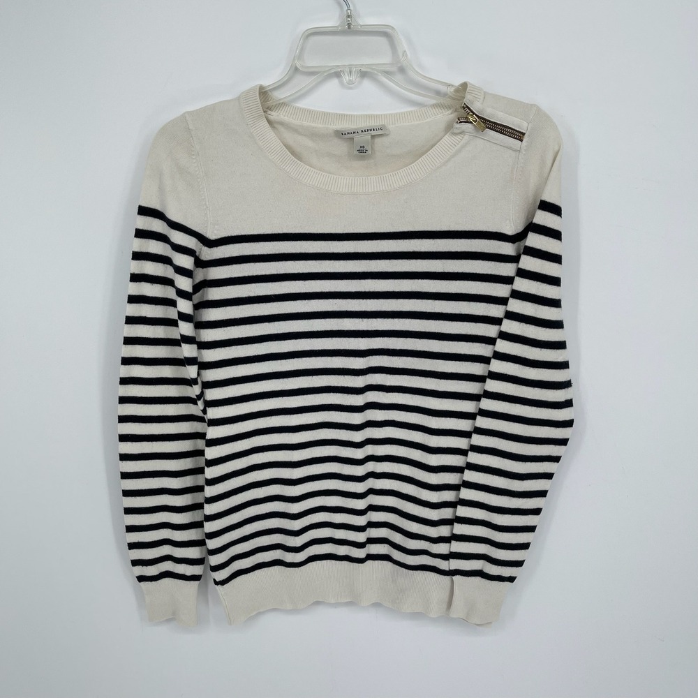Banana Republic Women's White Striped Shoulder Zipper Wool Blend Sweater Size XS